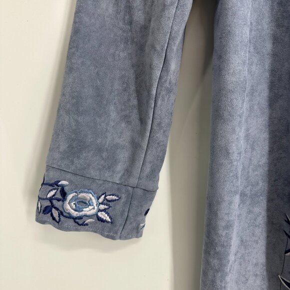 Curations Faux Suede Jacket M Floral Embroidered Open Front Long Boho Gray Blue - Picture 6 of 9